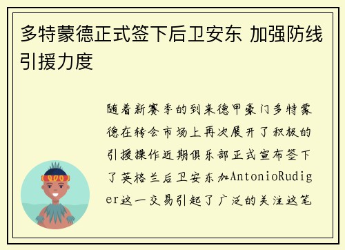 多特蒙德正式签下后卫安东 加强防线引援力度